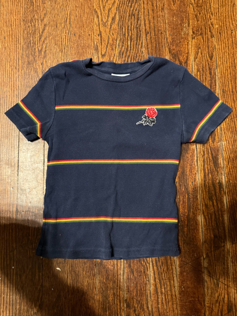 Mighty Fine Navy Short Sleeve Tee with Rainbow Stripes and Red Rose Patch